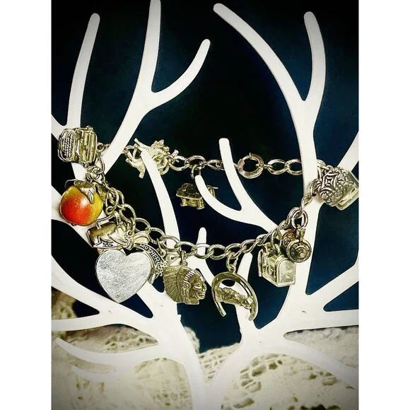 Antique Vintage Retro Heavy Sterling Charm Bracelet 6.5" - Picture 6 of 8
